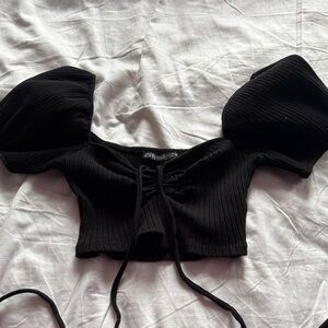 Zara Elegant Black Puff Sleeve Crop Top